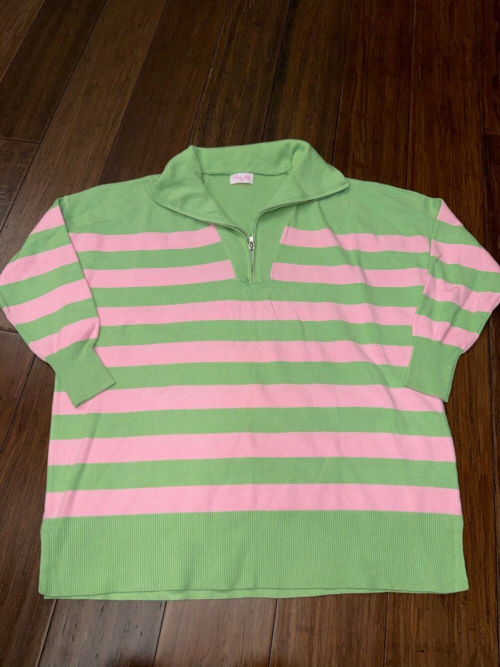 Pink Lilly green pink striped quarter-zip sweater XS